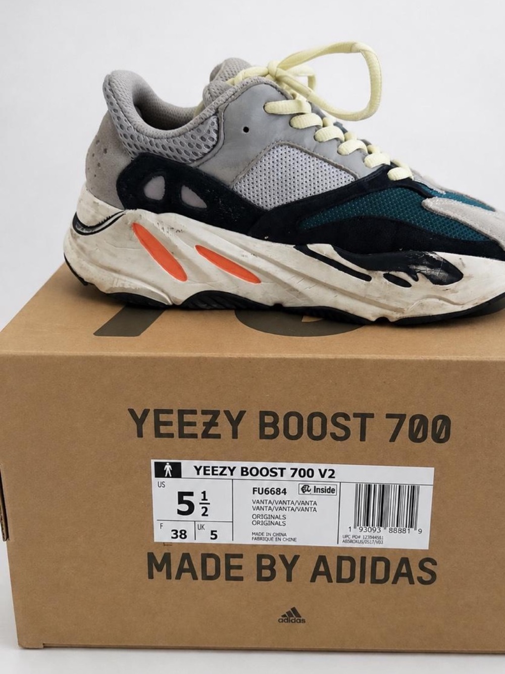 Yeezy Boost 700 Sneakers in Grey, Teal & Black with Orange Accents